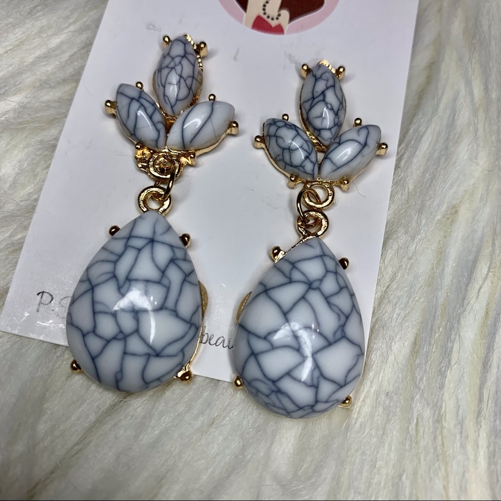Elegant modern print gold and white drop earrings